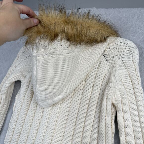 Y2K Faux Fur Trim Hooded Cardigan Sweater Jacket Medium Cream Cable Knit Gilmore - Picture 7 of 13